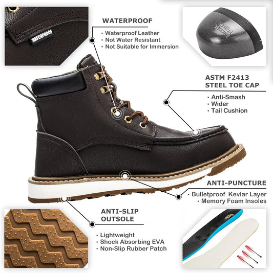 Wasserdichter schwarzer Sicherheitsstiefel mit Stahlkappe, rutschfeste Sohle, Kevlar-Durchtrittschutz.
