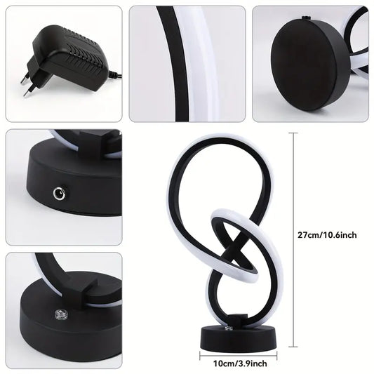Schwarze LED-Tischlampe, modern, geschwungenes Design, 27 cm hoch, mit Netzteil.