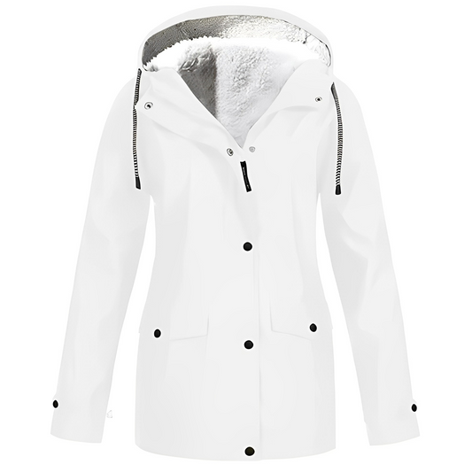 Weiße Damenjacke mit Kapuze, wasserdicht, Wintermantel, Fleece-Innenfutter, modisch.