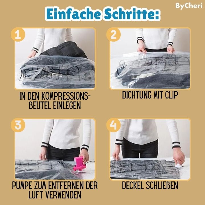 Fyra steg i bilder: kläder läggs i påsen, påsen försluts med clips, luften pumpas ut med en rosa elpump och locket stängs. 9