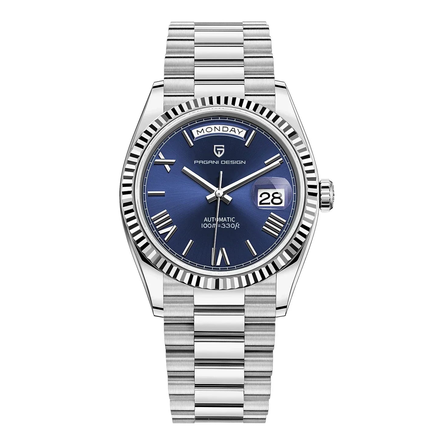 Silberne Automatikuhr mit blauem Zifferblatt, Edelstahlarmband, Datumsanzeige, Herrenuhr.