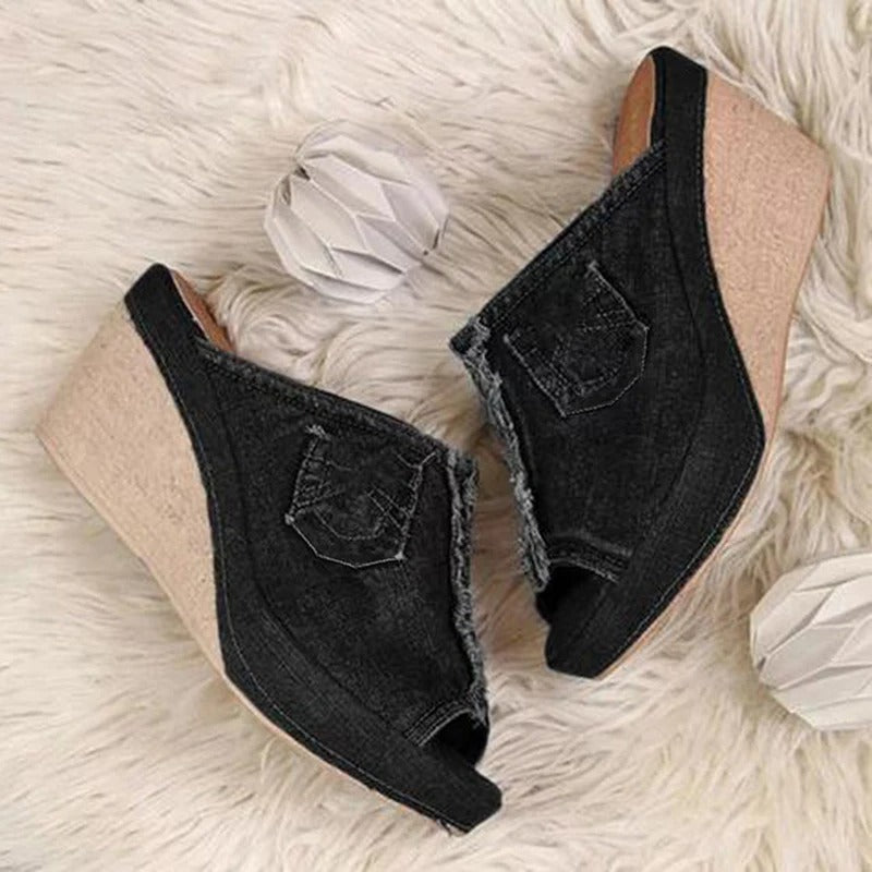 Damsandaler i denim med kilklack - Elisabetta
