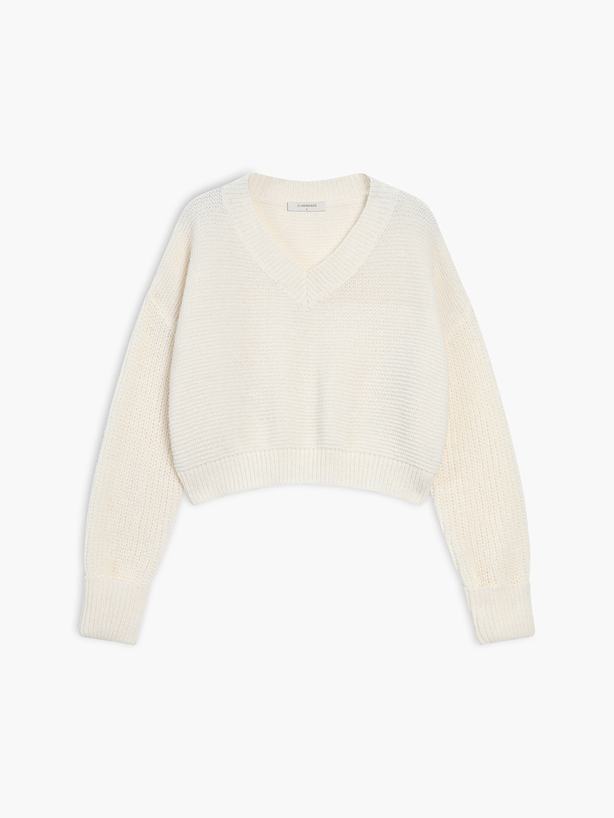 Weißer Damenpullover, V-Ausschnitt, Strick, langärmelig, modisch, bequem, elegant.