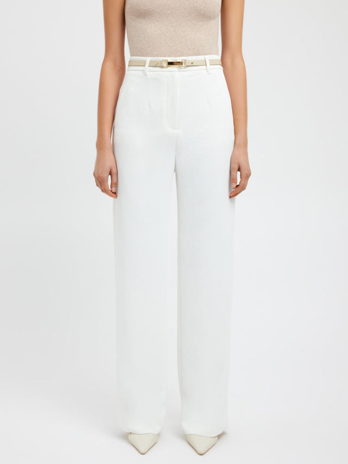 Damen weiße Leinenhose, hohe Taille, elegantes Design, Sommermode, mit Gürtel.