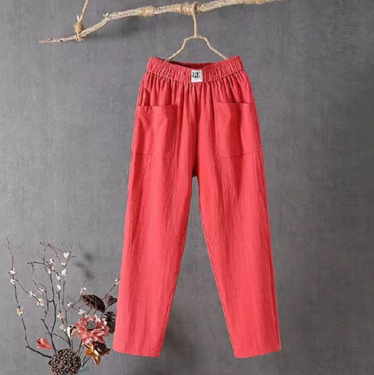 Rote Leinenhose Damen, elastischer Bund, lässig, bequem, mit Taschen, Frühlingsmode.