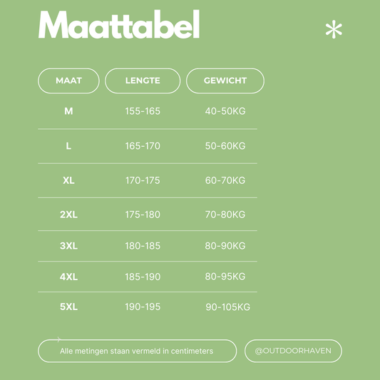Größentabelle für Kleidung, grün, minimalistisch, Größen M bis 5XL, Maße in cm.