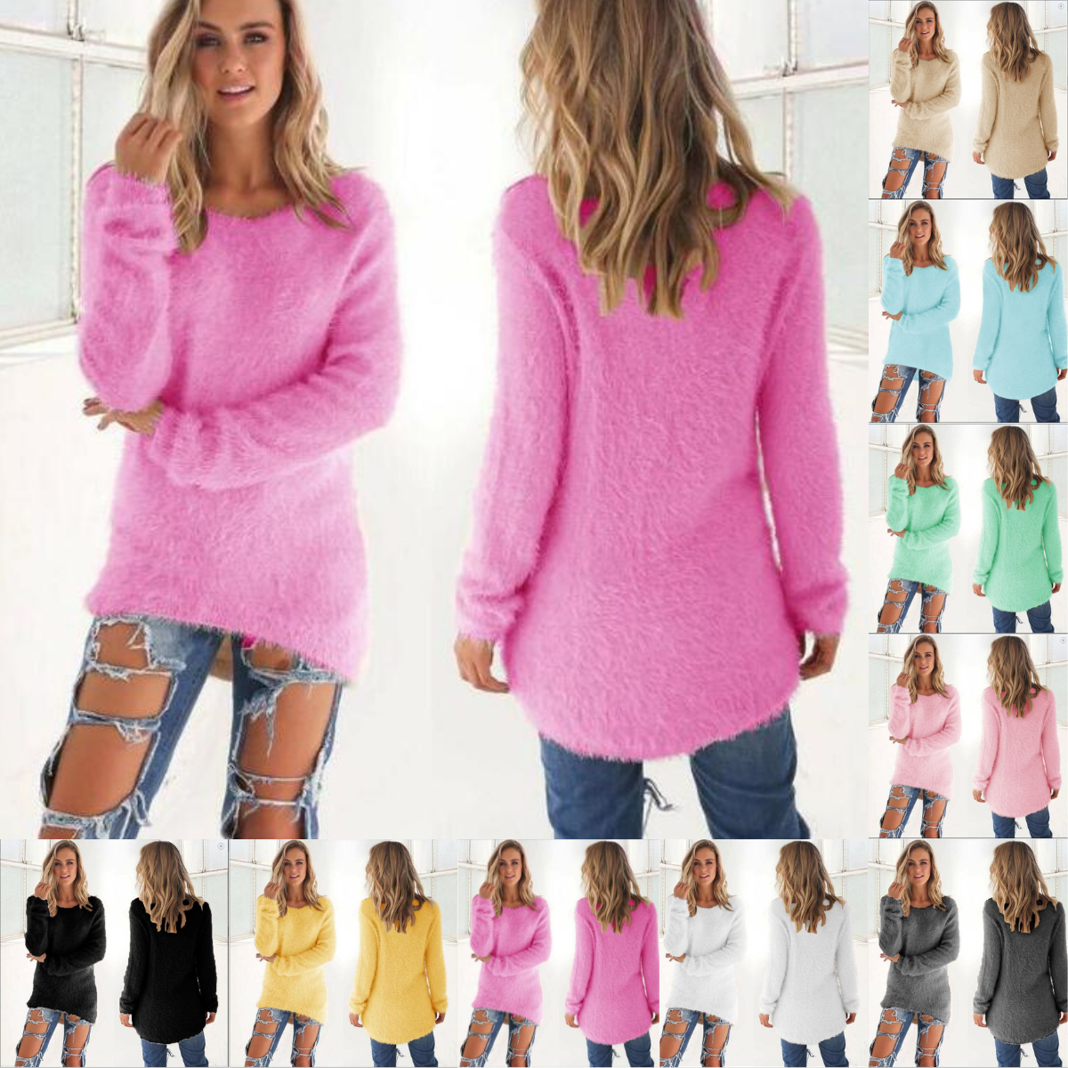 Frau in rosa Pullover, zerrissene Jeans, verschiedene Farben, modische Damenbekleidung.