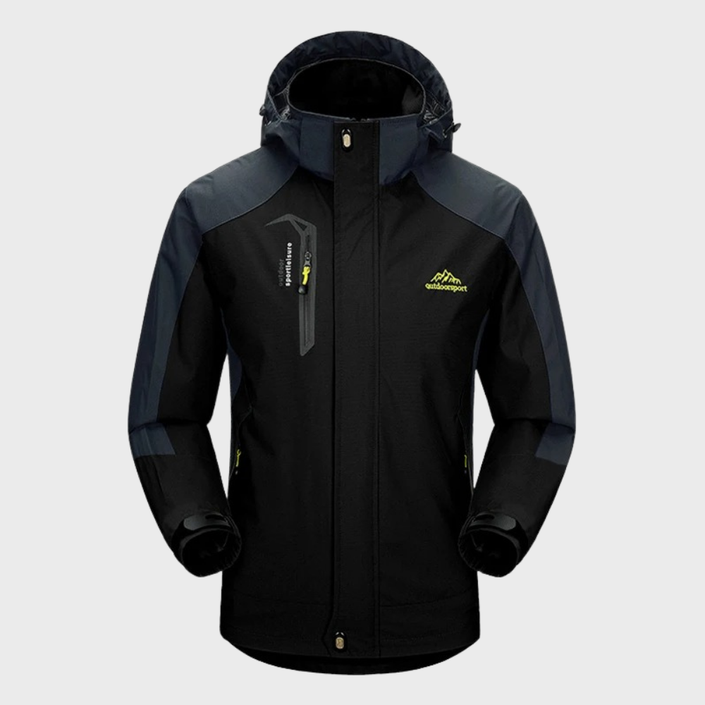 Schwarze Outdoor-Jacke mit Kapuze, wasserdicht, winddicht, Herren, funktional, robust.