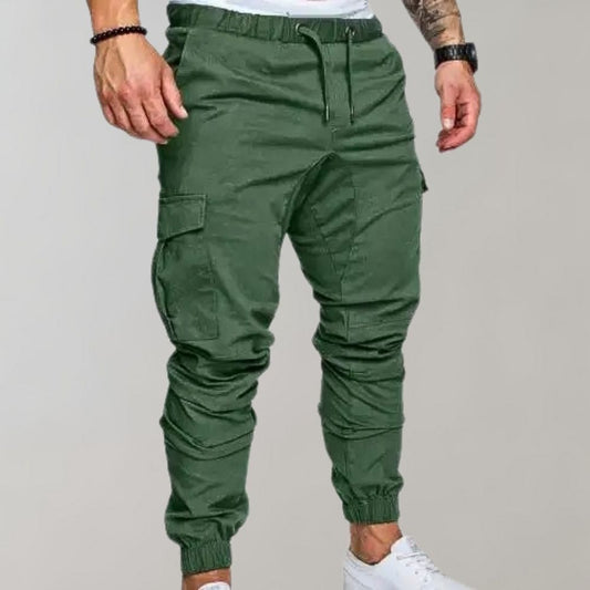 Grüne Herren-Cargohose, elastischer Bund, Seitentaschen, Freizeitmode, Baumwolle.