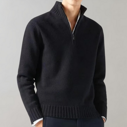 Schwarzer Herrenpullover mit Reißverschluss, Strick, warm, modisch, elegant, Wintermode.