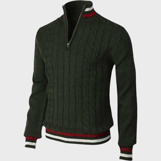 Grüner Herrenpullover mit Reißverschluss, Zopfmuster, rot-weißen Streifen, Wintermode.