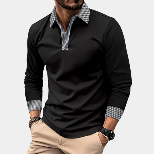 Schwarzes Herrenhemd mit Karomuster-Kragen und Manschetten, langärmelig, elegant.