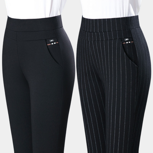 Zwei Damenhosen, schwarz und gestreift, elastisch, mit Taschen, modisch, bequem.