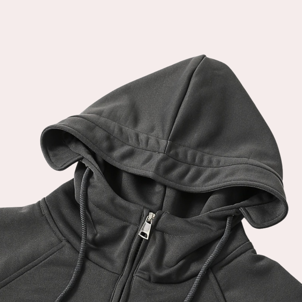 Schwarzer Kapuzenpullover aus Baumwolle mit Reißverschluss, sportlich, bequem, unisex.