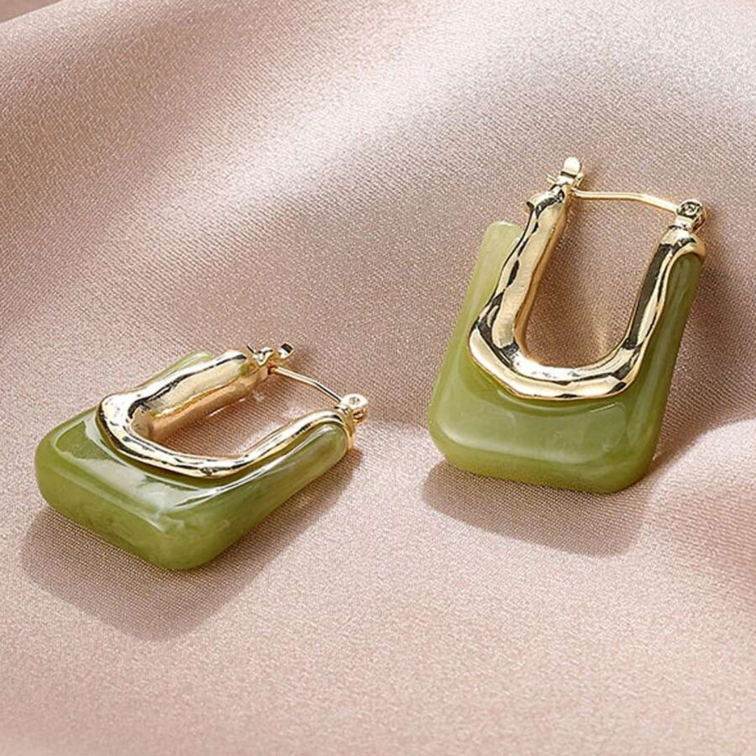 Grüne Ohrringe aus Harz und Gold, rechteckig, modisch, Schmuck für Damen.