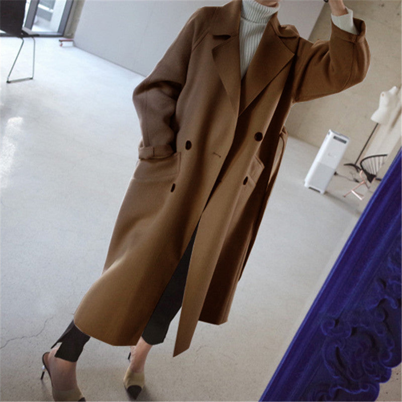 Damen-Wollmantel, braun, lang, Herbst-Winter, lässig, koreanischer Stil, modisch.