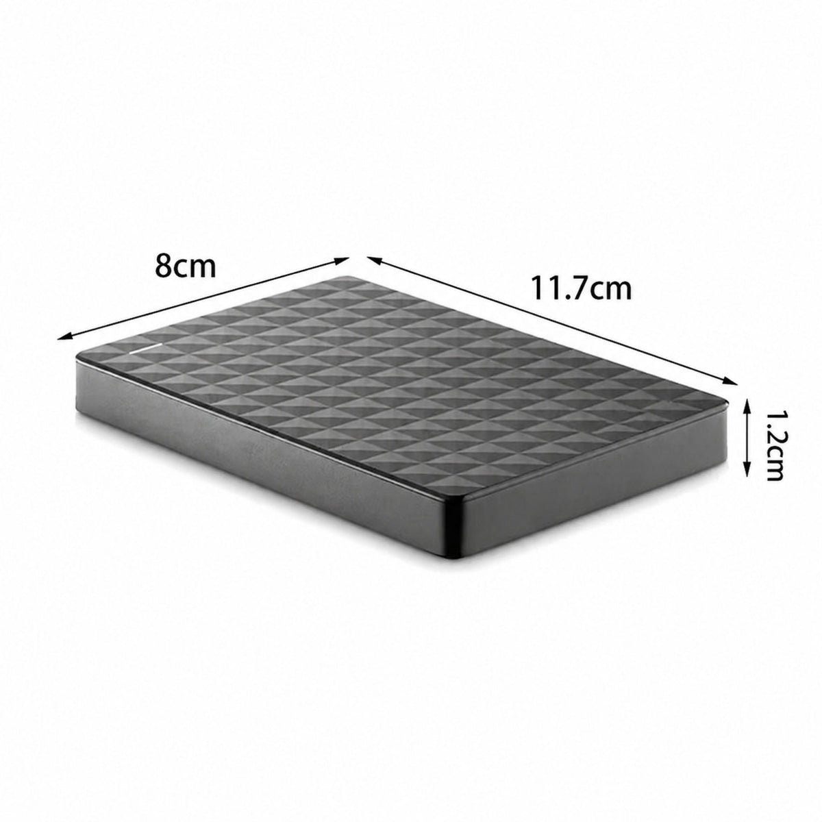 Hårddisken liggande med måttpilar som visar 8 cm bredd, 11,7 cm längd och 1,2 cm tjocklek 6
