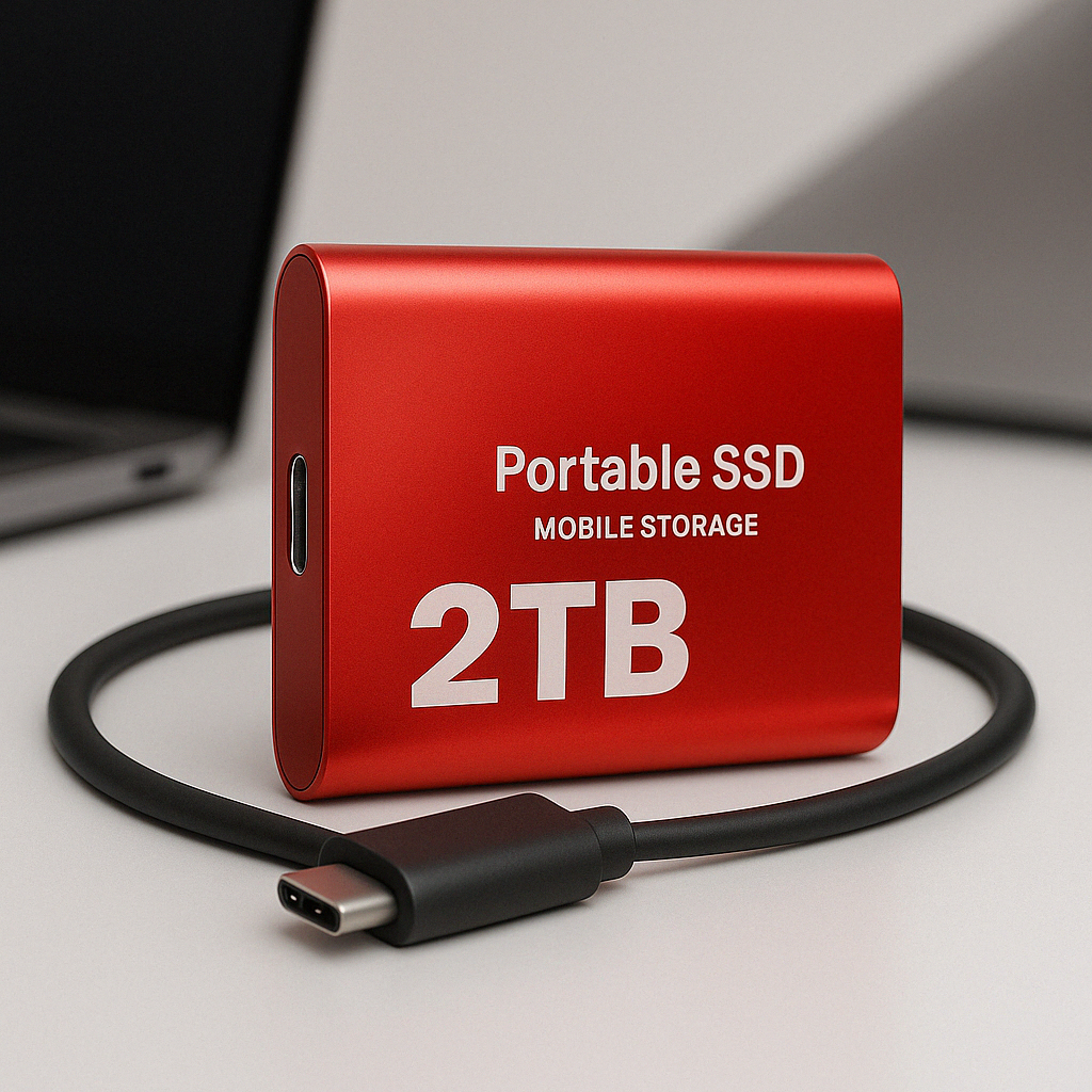 Röd extern SSD med ihoprullad USB-C-kabel framför en suddig bärbar dator på ett skrivbord 5