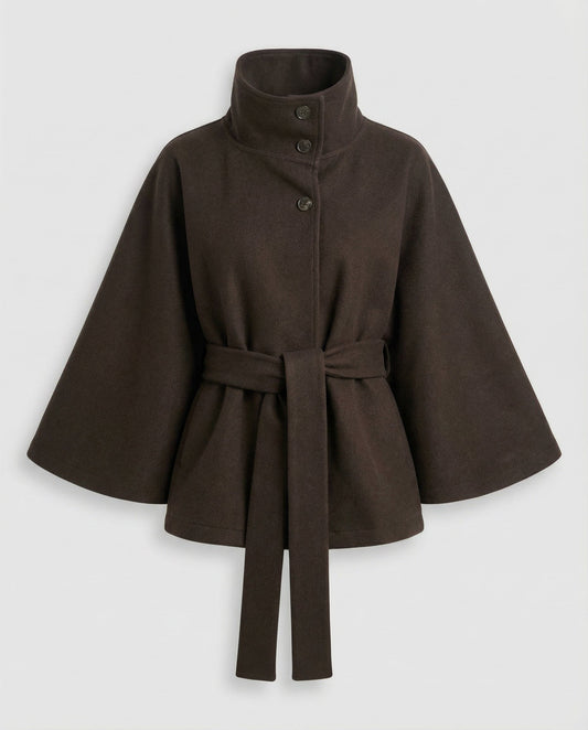Women's Belted Wool-Blend Cape Jacket - High-Collar Winter Layer 2