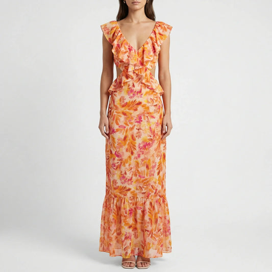 Florales Maxikleid Mit V-Ausschnitt - Kathy