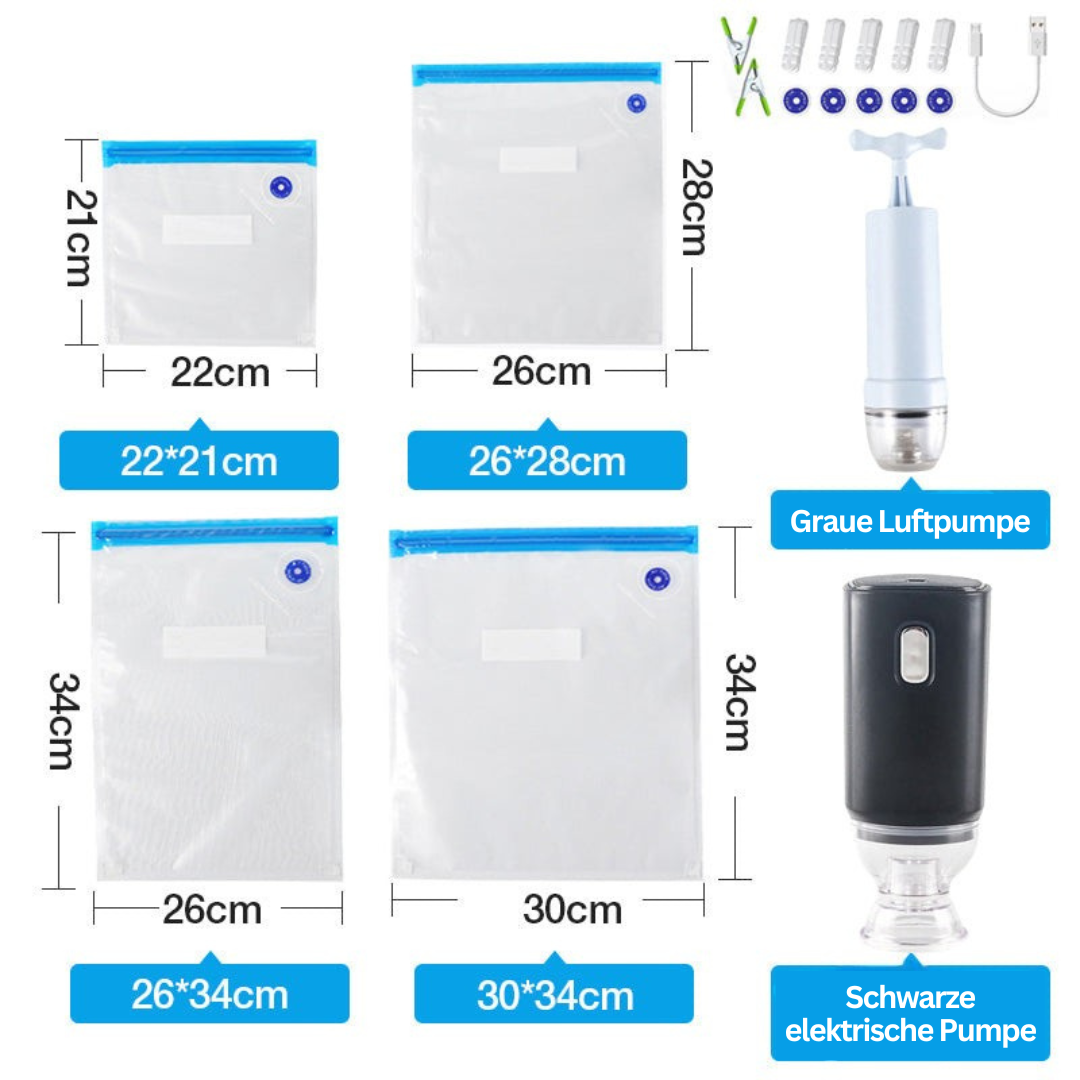 Vakuumbeutel Set mit grauer und schwarzer Pumpe, verschiedene Größen, luftdicht, wiederverwendbar.