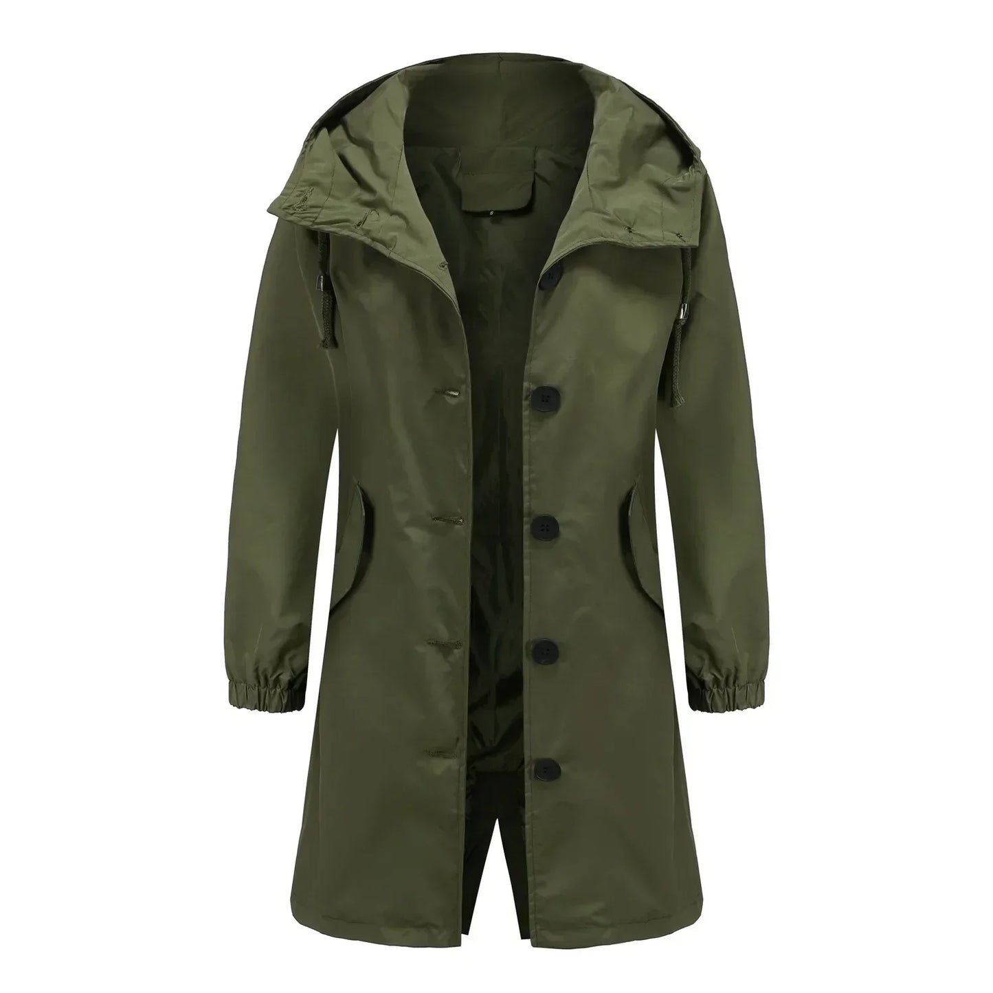 Grüne Damen-Regenjacke mit Kapuze, wasserdicht, Outdoor-Bekleidung, modisch.