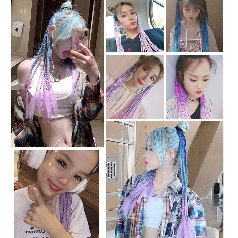 Collage von Frauen mit blauen und lila Zöpfen, modische Frisuren, trendige Haarfarben.