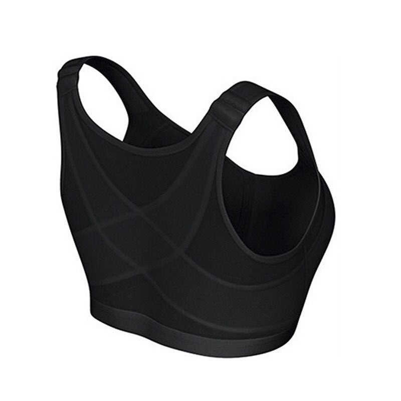 Schwarzer Sport-BH Damen, nahtlos, atmungsaktiv, Rückansicht, Fitness, Yoga, elastisch.