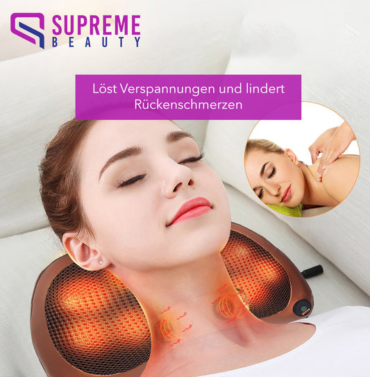 Frau nutzt braunes Nackenmassagegerät mit Wärmefunktion zur Schmerzlinderung, Supreme Beauty.