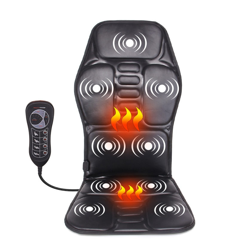 Schwarze Massageauflage mit Heizfunktion und Fernbedienung für Stuhl oder Autositz.