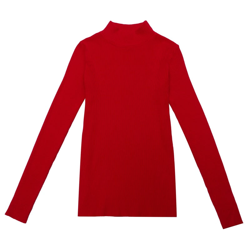 Roter Rollkragenpullover Damen, langärmelig, Baumwolle, modisch, bequem, Herbstmode.