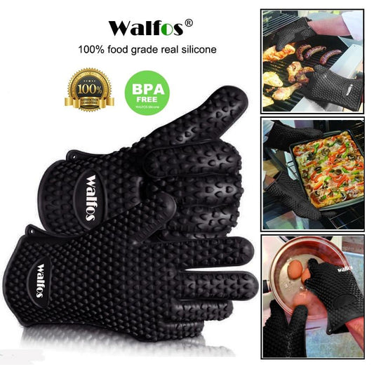Schwarze Silikon-Ofenhandschuhe, hitzebeständig, rutschfest, BPA-frei, für Küche und Grill.