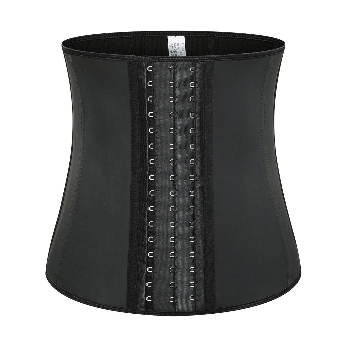 Schwarzes Latex-Taillenkorsett mit Hakenverschluss, formend, für Damenmode und Shapewear.