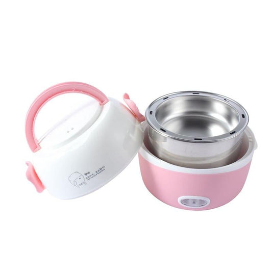 Rosa elektrischer Lunchbox-Behälter aus Edelstahl, tragbar, mit Griff und Deckel.
