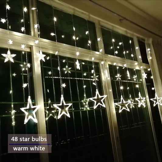 Warme weiße LED-Stern-Lichterkette, 48 Sterne, Fensterdekoration, festliche Beleuchtung.
