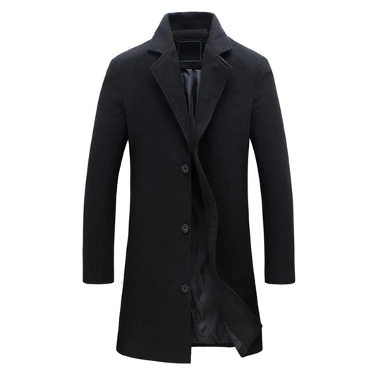 Schwarzer Herren-Wollmantel, lang, elegant, Winterjacke, klassischer Stil, Knopfleiste.