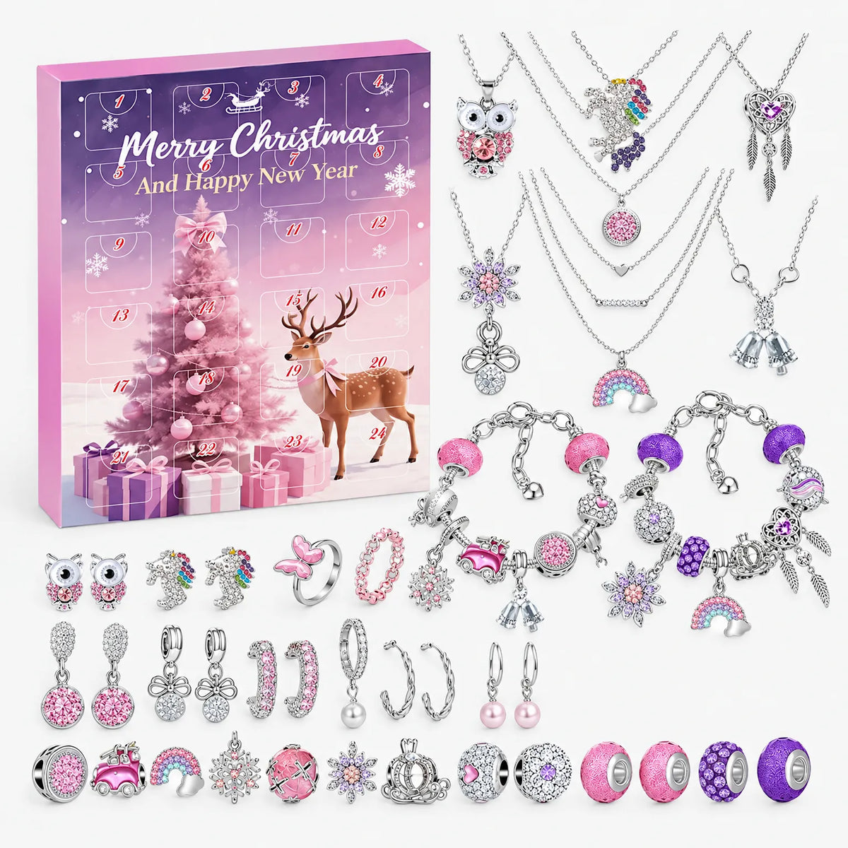 Rosa och lila adventskalender med numrerade luckor, omgiven av berlocker, pärlor, halsband, armband, ringar och örhängen i rosa och lila. 7