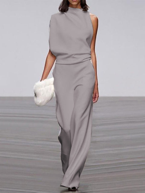 Damen Jumpsuit grau ärmellos, eleganter Sommer-Look, Büro-Mode, weiter Bein-Schnitt.