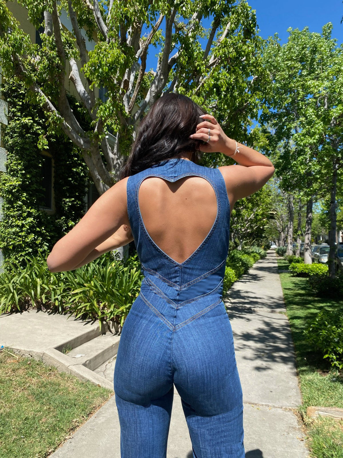 Hjärtformad rygglös jeansjumpsuit för damer – Höstlöv-utgåvan