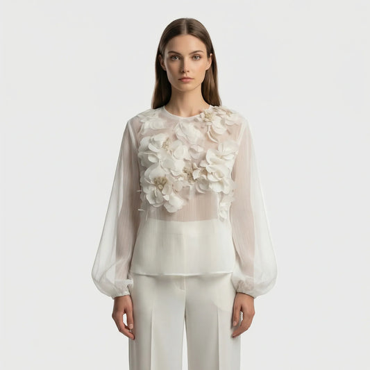 Lichte Blouse Met Driedimensionale Bloemapplicaties - Patricia