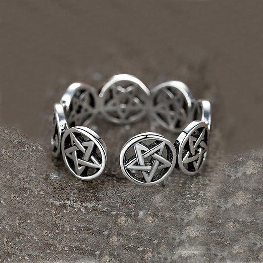 Silberner Pentagramm-Ring, verstellbar, Edelstahl, gotischer Schmuck, Unisex-Design.