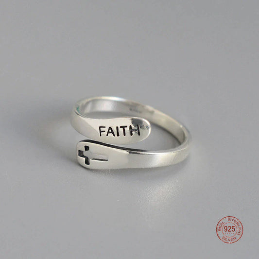 Silberring mit Kreuz und "FAITH"-Gravur, verstellbar, 925 Sterling Silber, religiöser Schmuck.