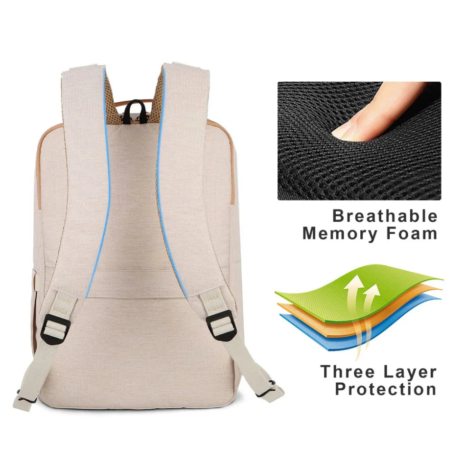 Beige Damen-Rucksack mit USB-Anschluss, atmungsaktivem Memory-Schaum, ideal für Reisen.
