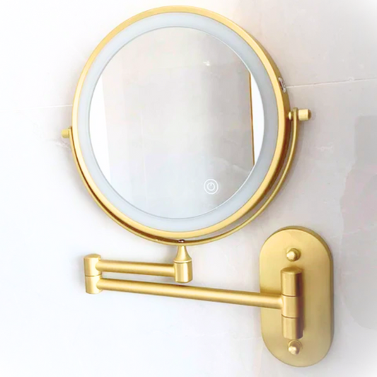 Goldener, runder LED-Kosmetikspiegel mit schwenkbarem Arm, Wandmontage, Badezimmerzubehör.
