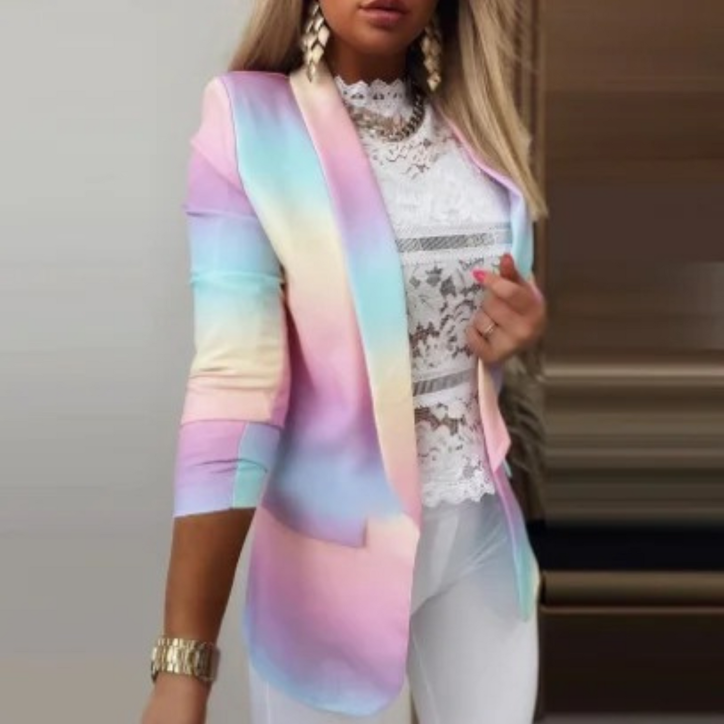Damenblazer mit Schmetterlingsdruck, pastellfarben, modisch, elegant, für Büro und Freizeit.