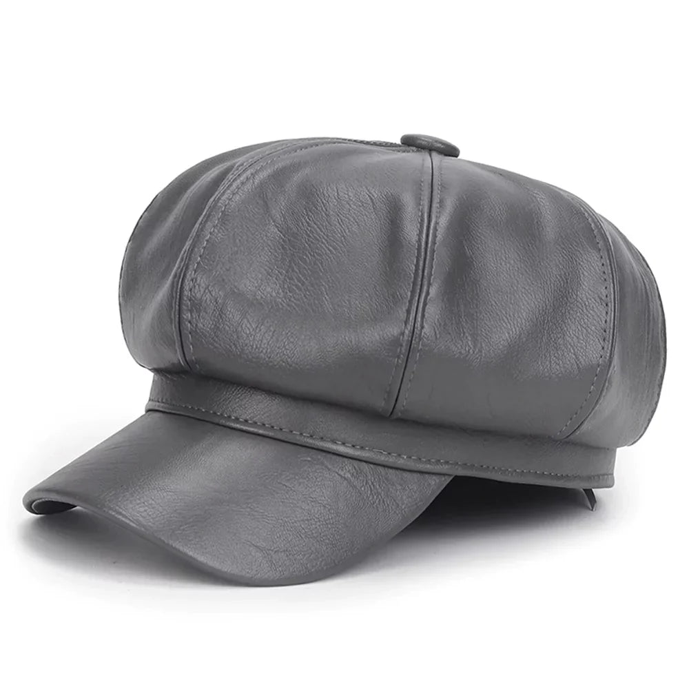 Graue PU-Leder Schiebermütze, Malerhut, Ivy-Baskenmütze, modisch, elegant, Unisex.