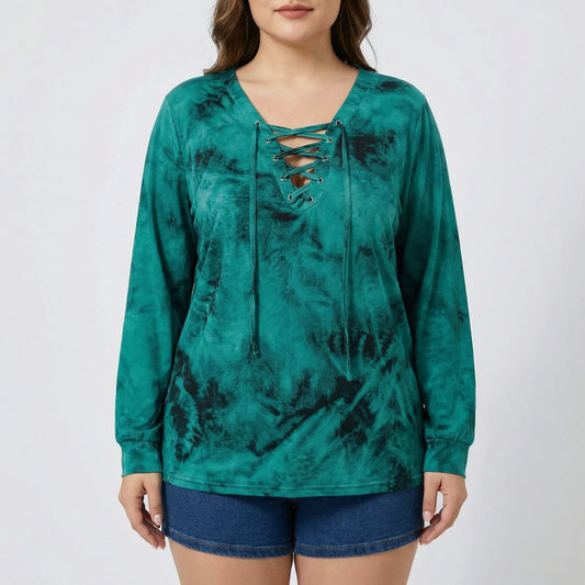 Plus Size Tie-Dye Lace-Up Top - Doreen