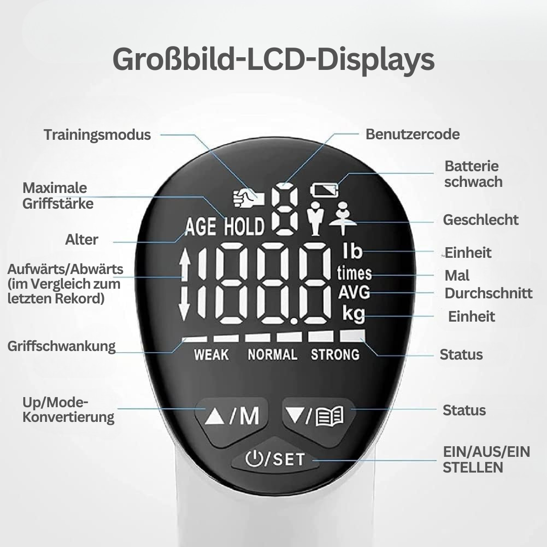 Großbild-LCD-Display Handgrifftrainer, schwarz, Trainingsmodi, Batteriestatus, Benutzercode.