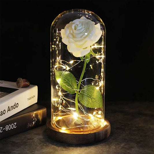 Weiße ewige Rose in Glaskuppel mit LED-Lichtern auf Holzsockel, dekorative Beleuchtung.