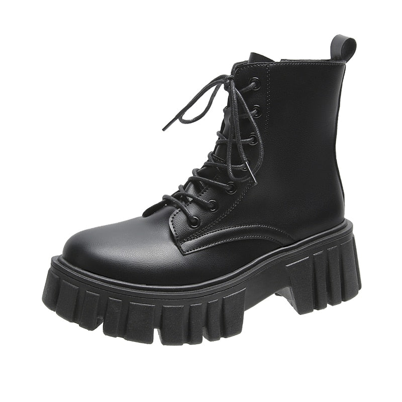 Schwarzer Plateau-Schnürstiefel aus Leder, klobige Sohle, modisch, Damenstiefel.
